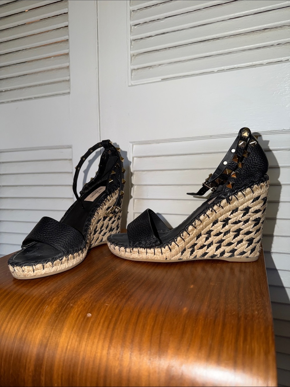 Valentino Garavani Black Woven Espadrille Wedge Sandals with Studded Ankle Strap